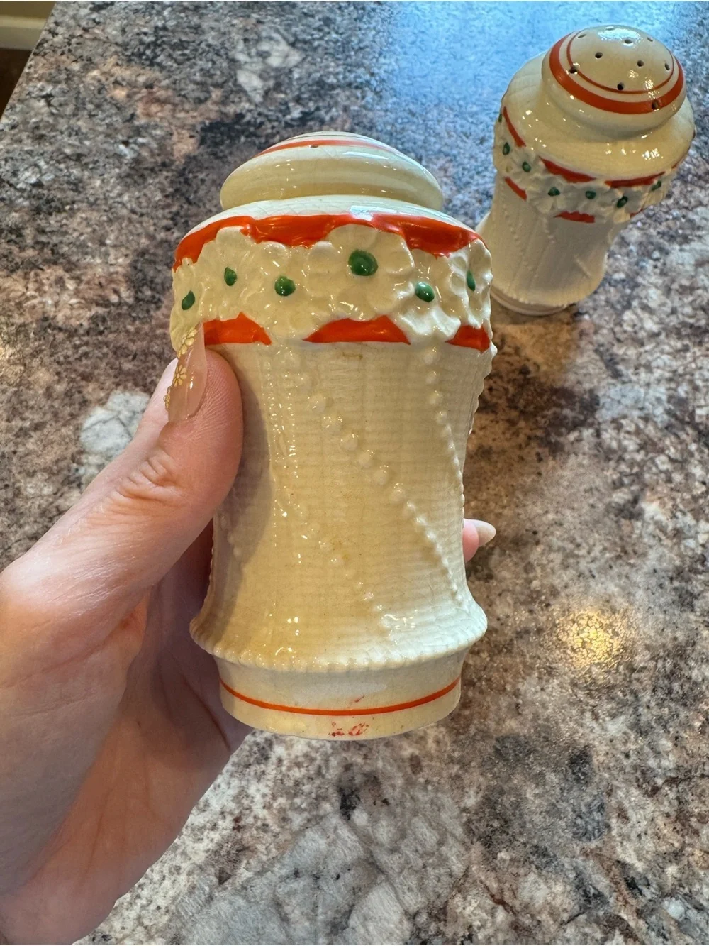 Vintage Japanese White Ceramic Salt and Pepper Shaker Set w/ Reddish/Orange Trim